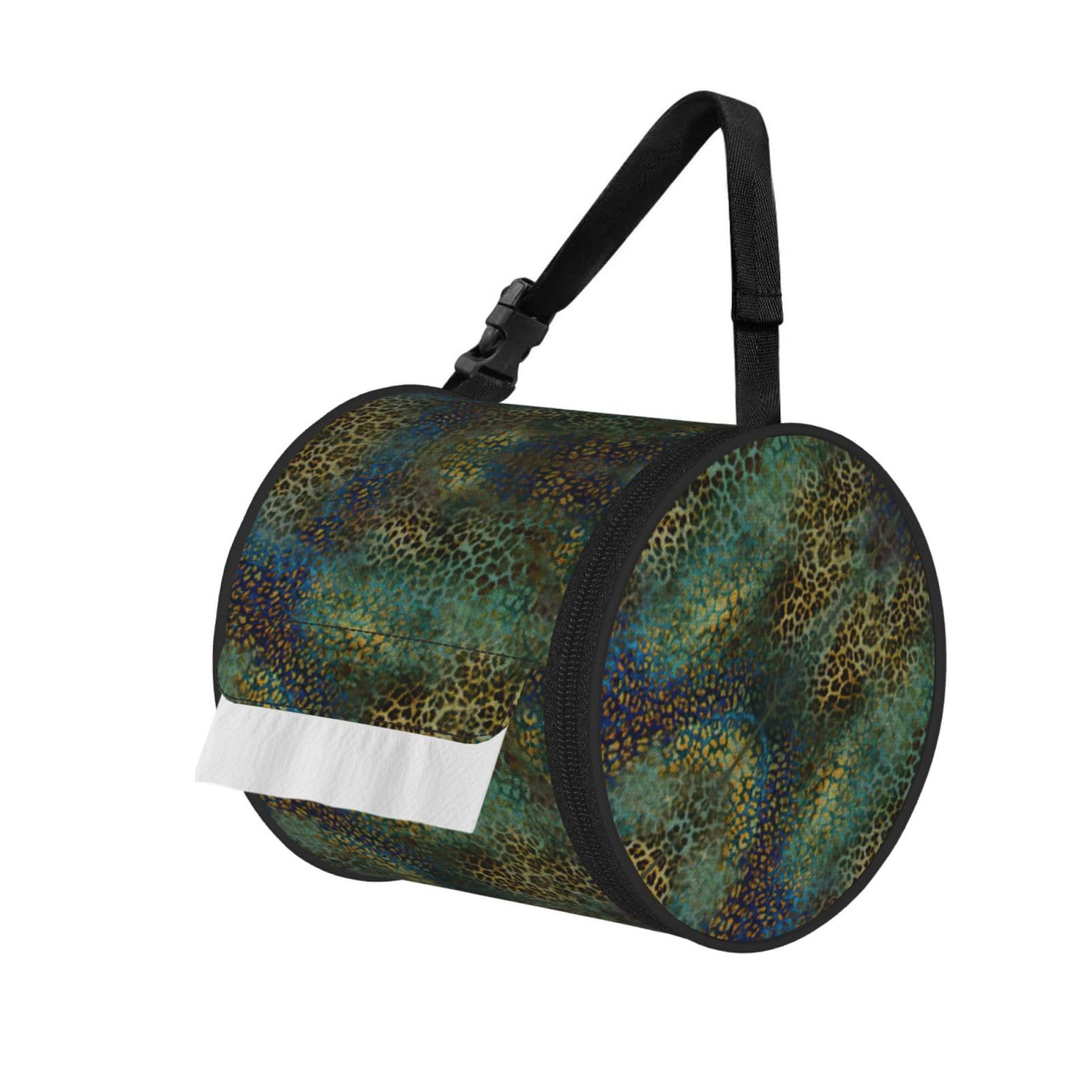 Animal Print Round Tissue Dispenser Bag With Carry Strap, Portable Roll Holder For Car Travel Home
