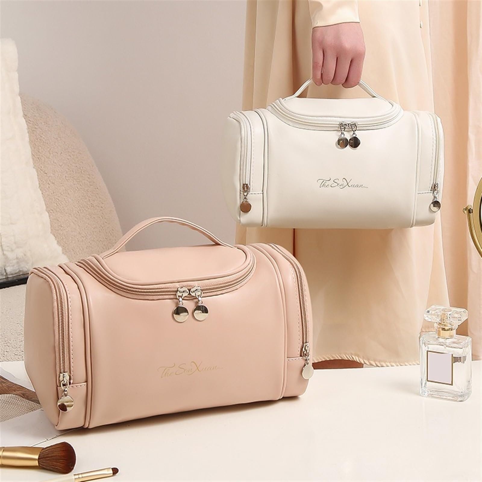 Beauty case impermeabile di grande capacità, organizer portatile da viaggio per cosmetici e profumi