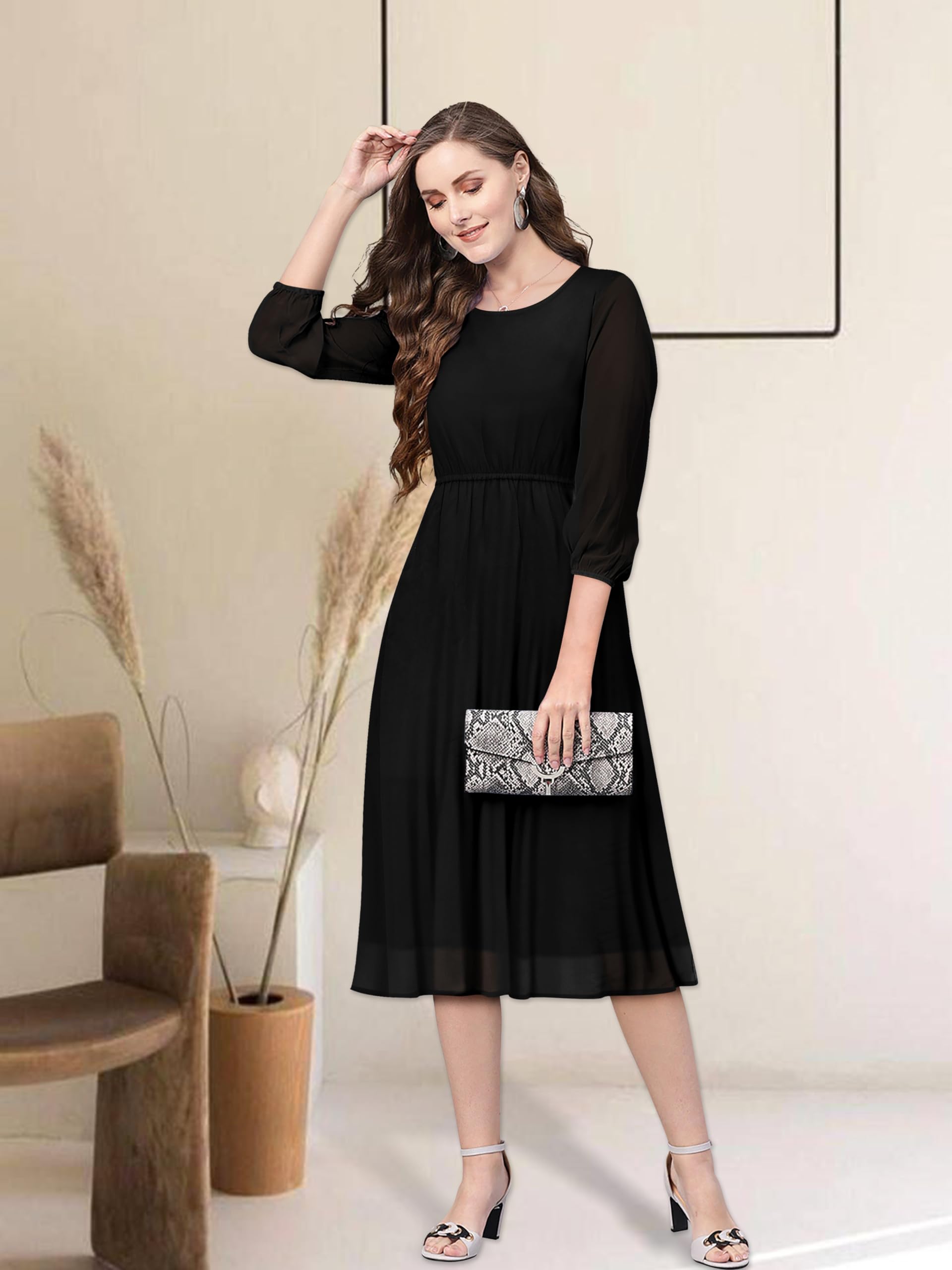 Toochki Women's Black Georgette Solid Fit & Flared Regular Fit Western Below Knee Length Kurti A Line Style Summer Wear Kurti Trendy Colour Midi Type Kurti