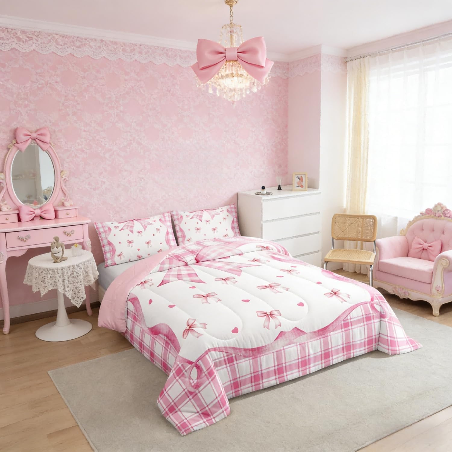 Erosebridal Bow Bedding Set Boys Girls Twin Size Pink Girls Bowknot Comforter Set for Kids Women Men Ultra Soft Cute Ribbon Knot Comforter Kawaii Room Decor Bow and Check Grid Duvet Insert
