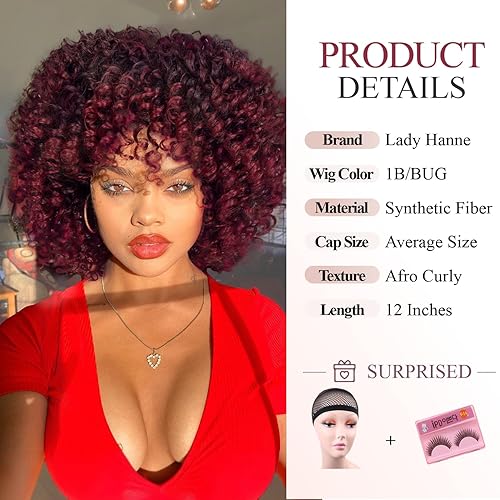 Miniatura 10 de Lady Hanne Peluca rizada con flequillo, pelucas rizadas afro para mujeres negras, pelo sintético corto rizado Bob de 14 pulgadas (M430)