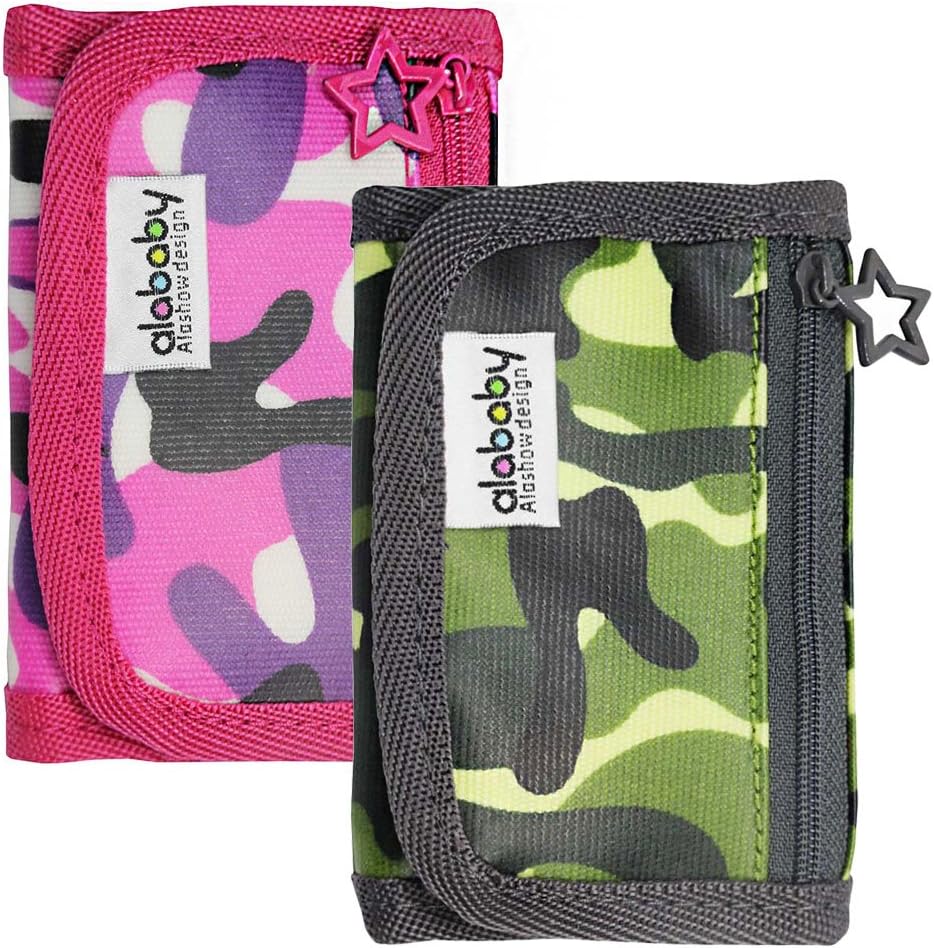 Set of 2 Student Trifold Canvas Hook and Loop Outdoor Sports Wallet for Boys and Girls Kids Camo Camouflage with Zipper Front Coin Pocket