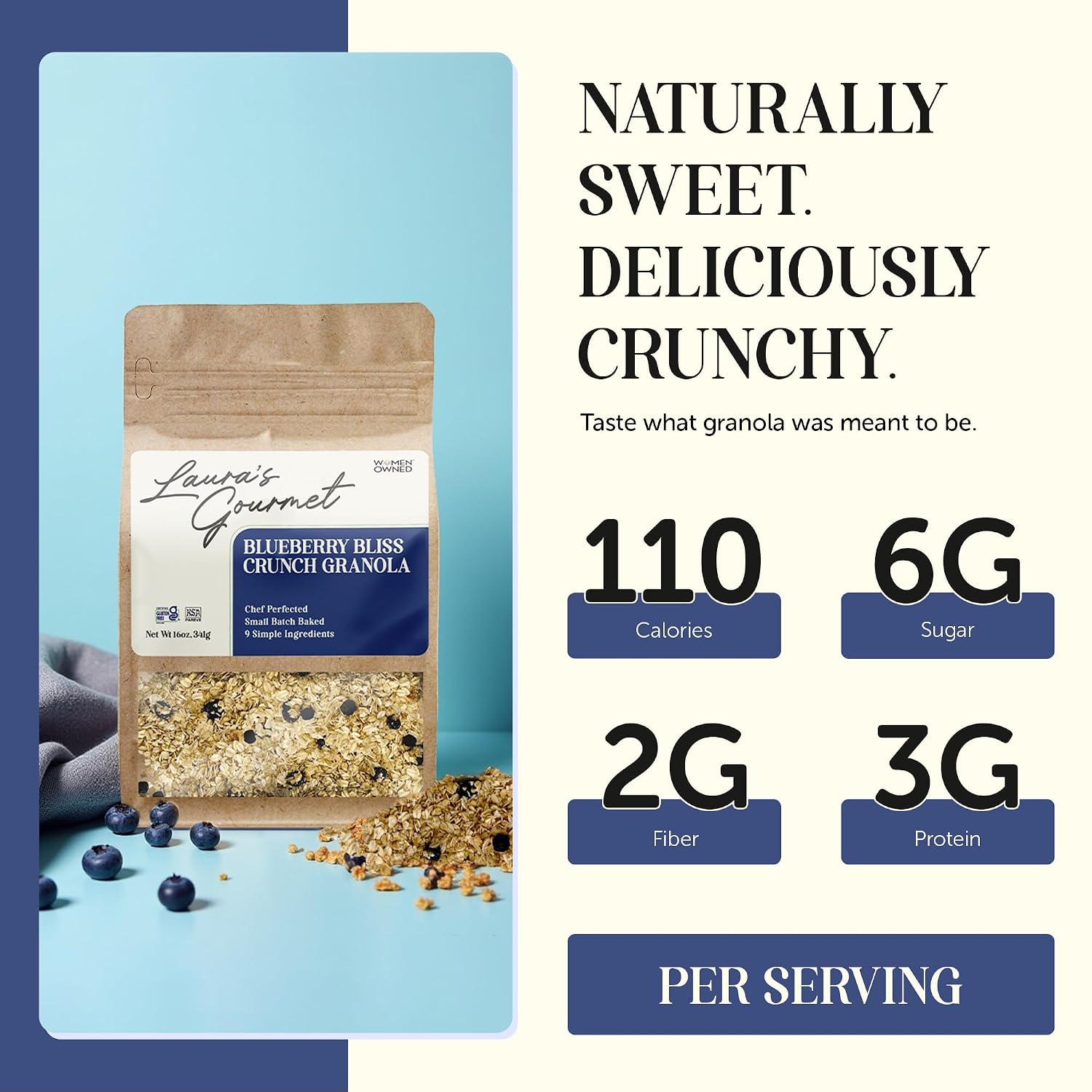 Laura's Gourmet Granola - BlueBerry Bliss Crunch - Gluten, Soy & Dairy Free - Organic Agave, Chewy Blueberries, Citrus & Flax, Vegan, Chef's Trifecta of Taste, Texture & Mouthfeel - 16 OZ - 2 Pack