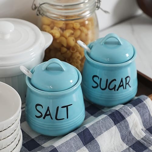 Miniatura 3 de HAOTOP Cuencos de sal y azúcar con tapa y cuchara, juego de cerámica de 12 onzas para sal y azúcar, recipientes de sal y azúcar, caja de especias