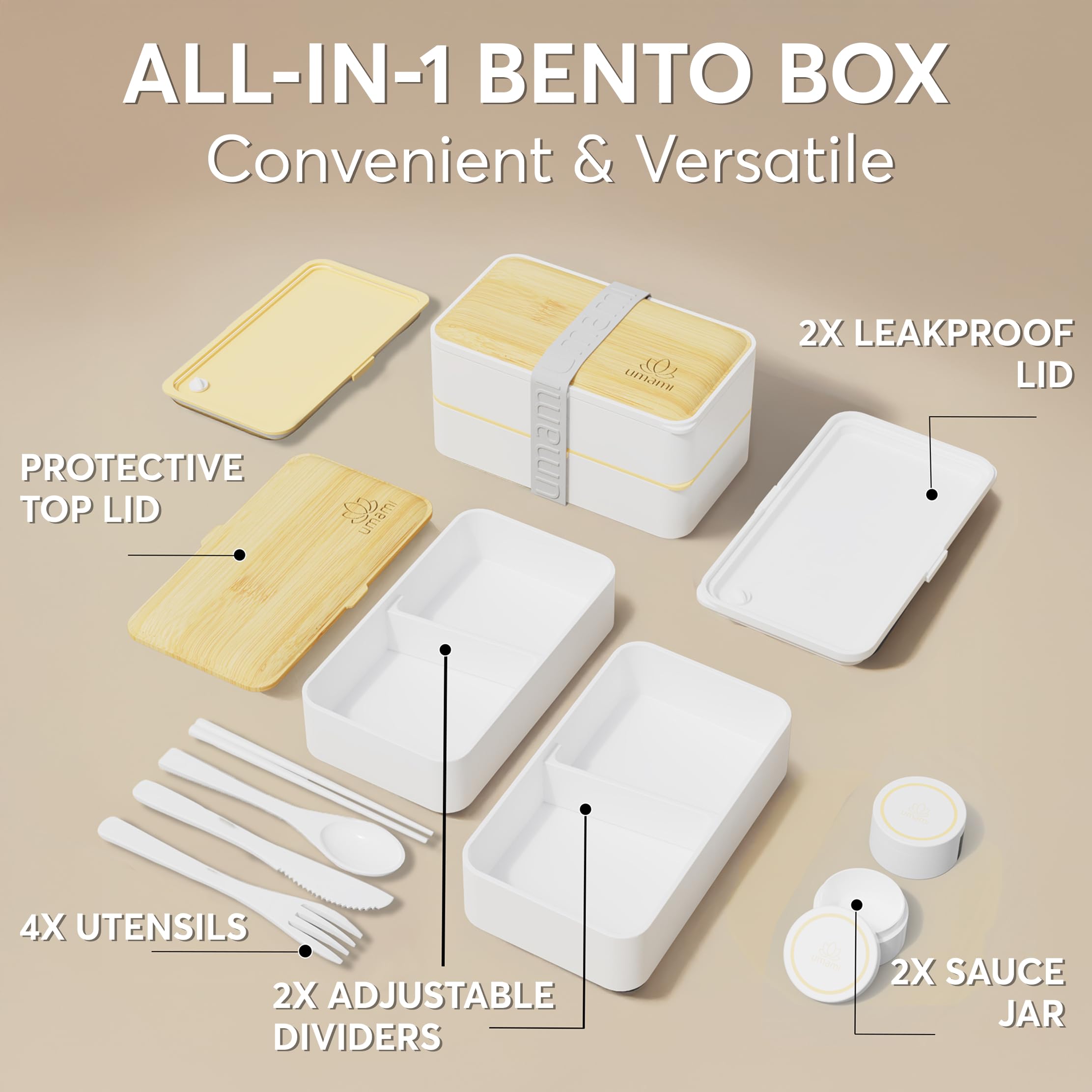Umami Bento Box Adult All-in-1 w/4 Utensils, Big Sauce Jar, 2 Dividers, 100% Leakproof, Microwave & Dishwasher Safe - Image 3