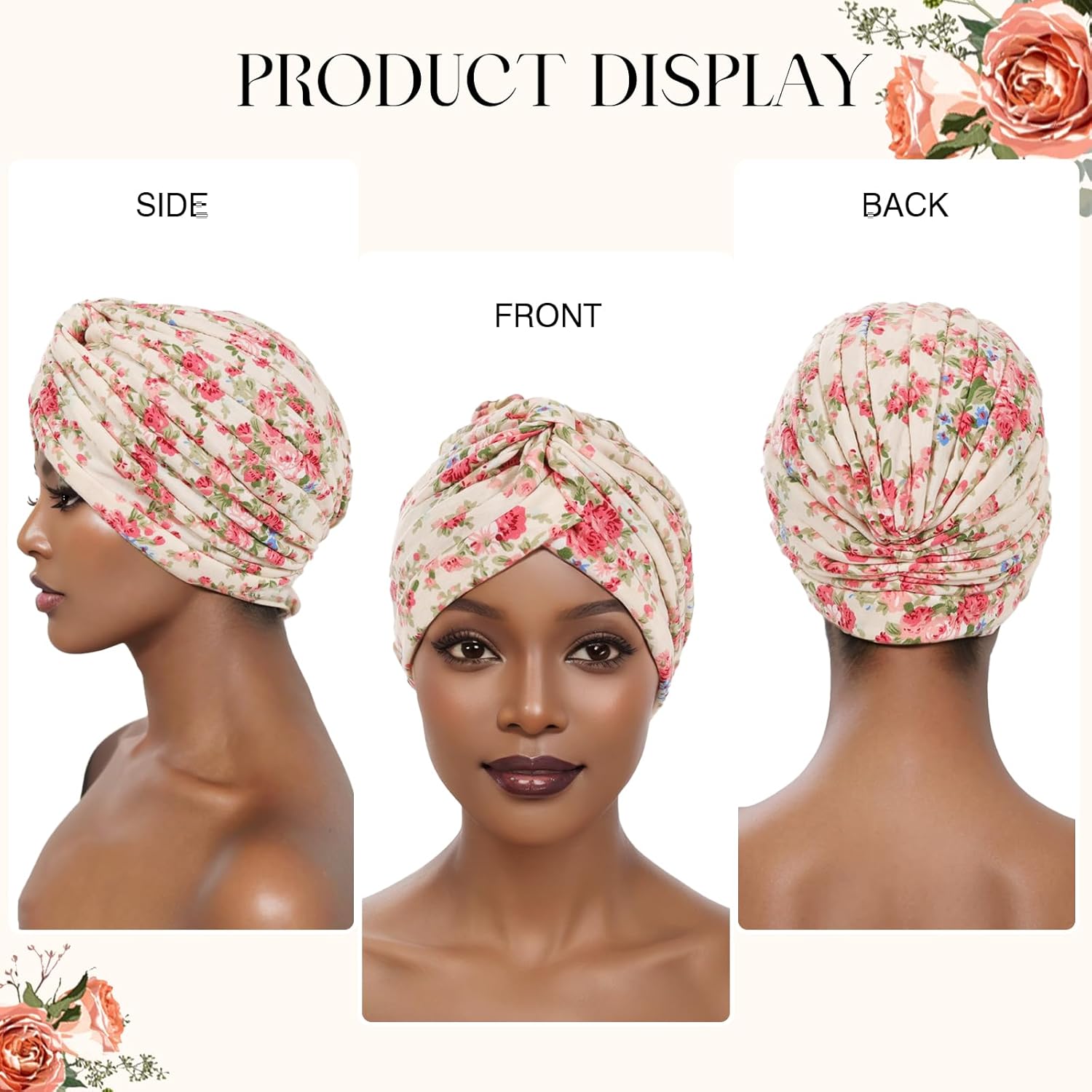 XEPST 3 PCS Chemo Headwear for Women, Pleated Cancer Headscarf Floral Print Turban Beanie Hat Elastic Head Coverings Wraps for Hair Loss Sleep Cap - Image 6
