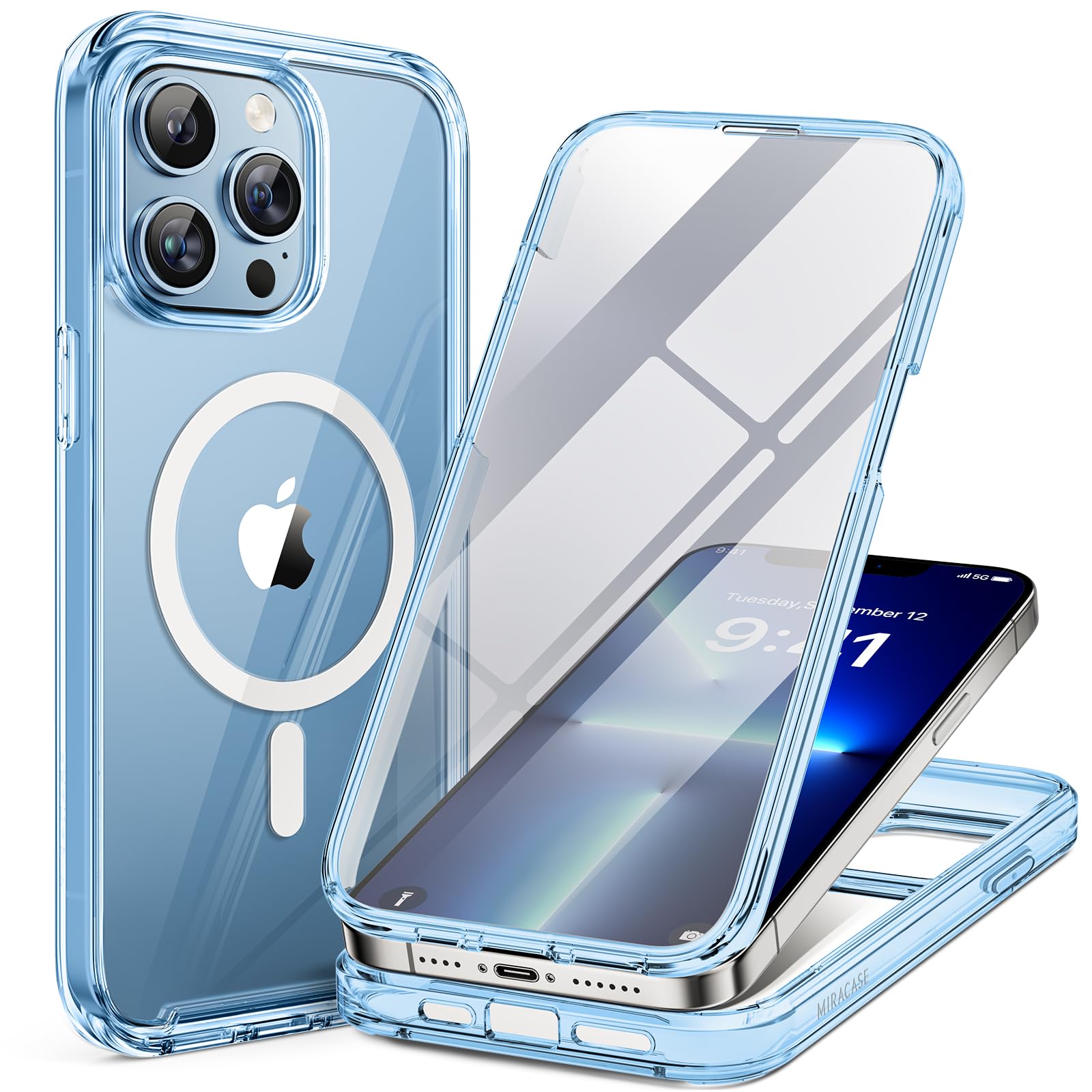 Miracase Magnetic for iPhone 13 Pro Max Case 6.7 inch, (Compatible with MagSafe) Upgrade Full-Body Clear Phone Bumper Case with Built-in 9H Tempered Glass Screen Protector, Magnetic Clear Blue