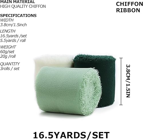 Miniatura 3 de Cinta de gasa de seda, 3 rollos de cintas de satén de 5.5 yardas de 1 12 pulgadas para envoltura de regalos, invitaciones de boda, ramos de novia,