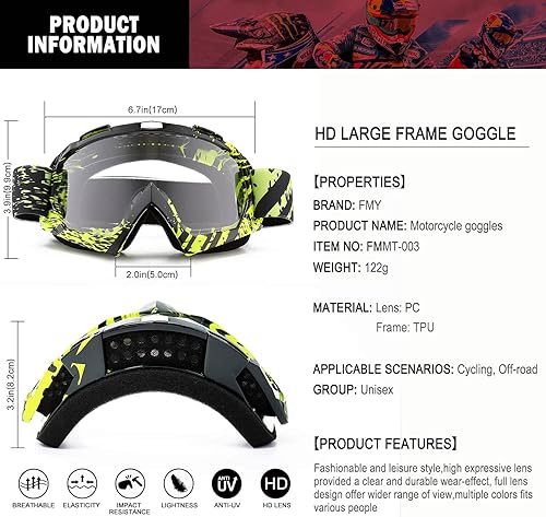 Miniatura 4 de FMY Gafas de motocross de motocicleta para hombres, mujeres y jóvenes, antiarañazos, a prueba de polvo, UV400 ATV Dirt Bike