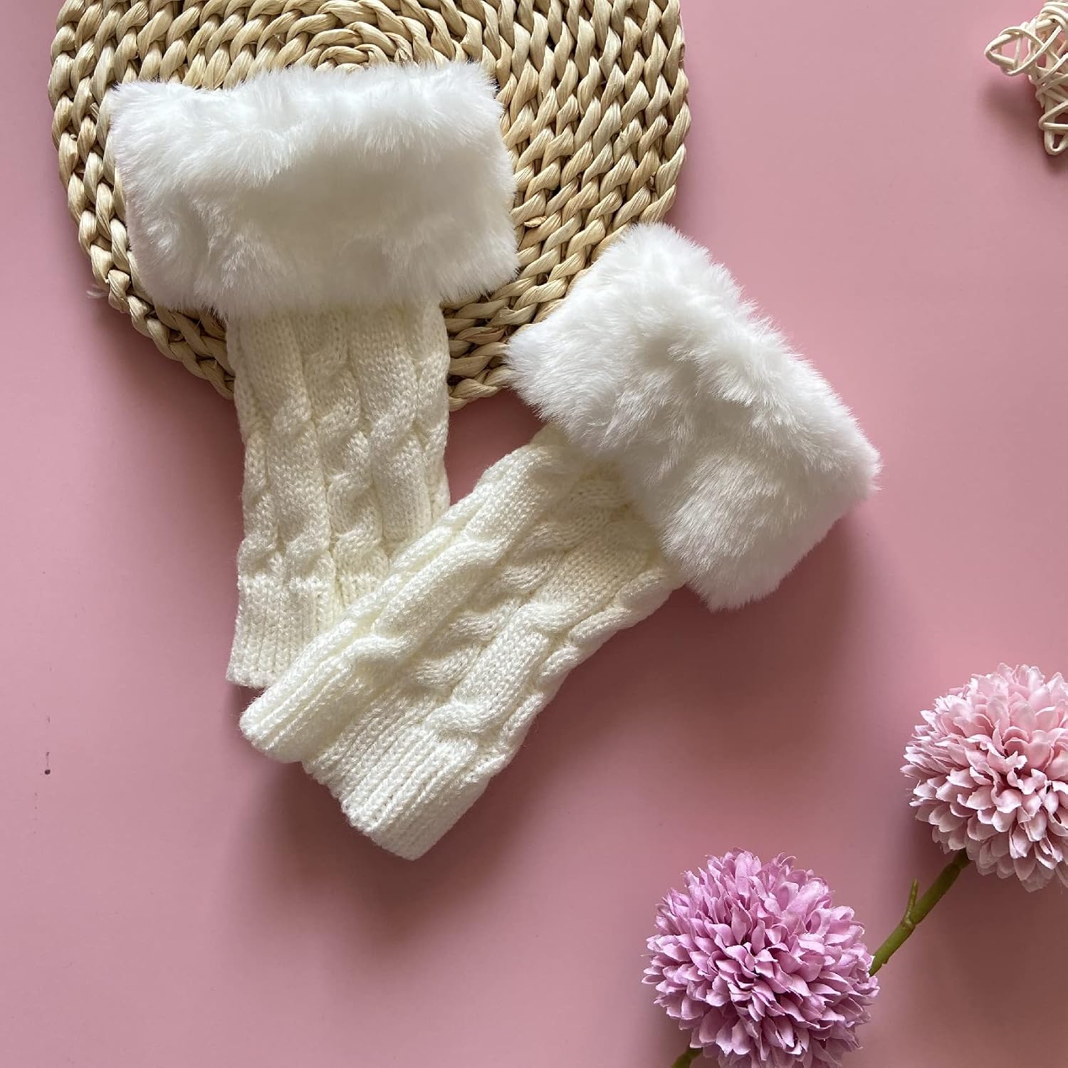 Winter Faux Fur Arm Warmers Fingerless Gloves Crochet Knit Mittens with Thumb Hole