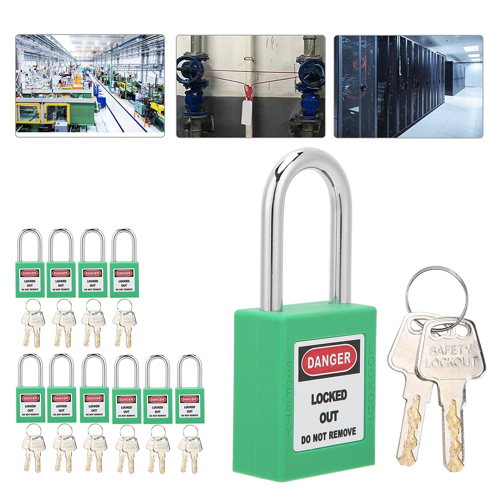 Lockout Tagout Schloss, 10er-Set 38 mm Lockout-Schloss Lockout Vorhängeschloss Gleichschließend Nylon-Sicherheitsvorhängeschloss mit 20 Schlüsseln (GREEN)