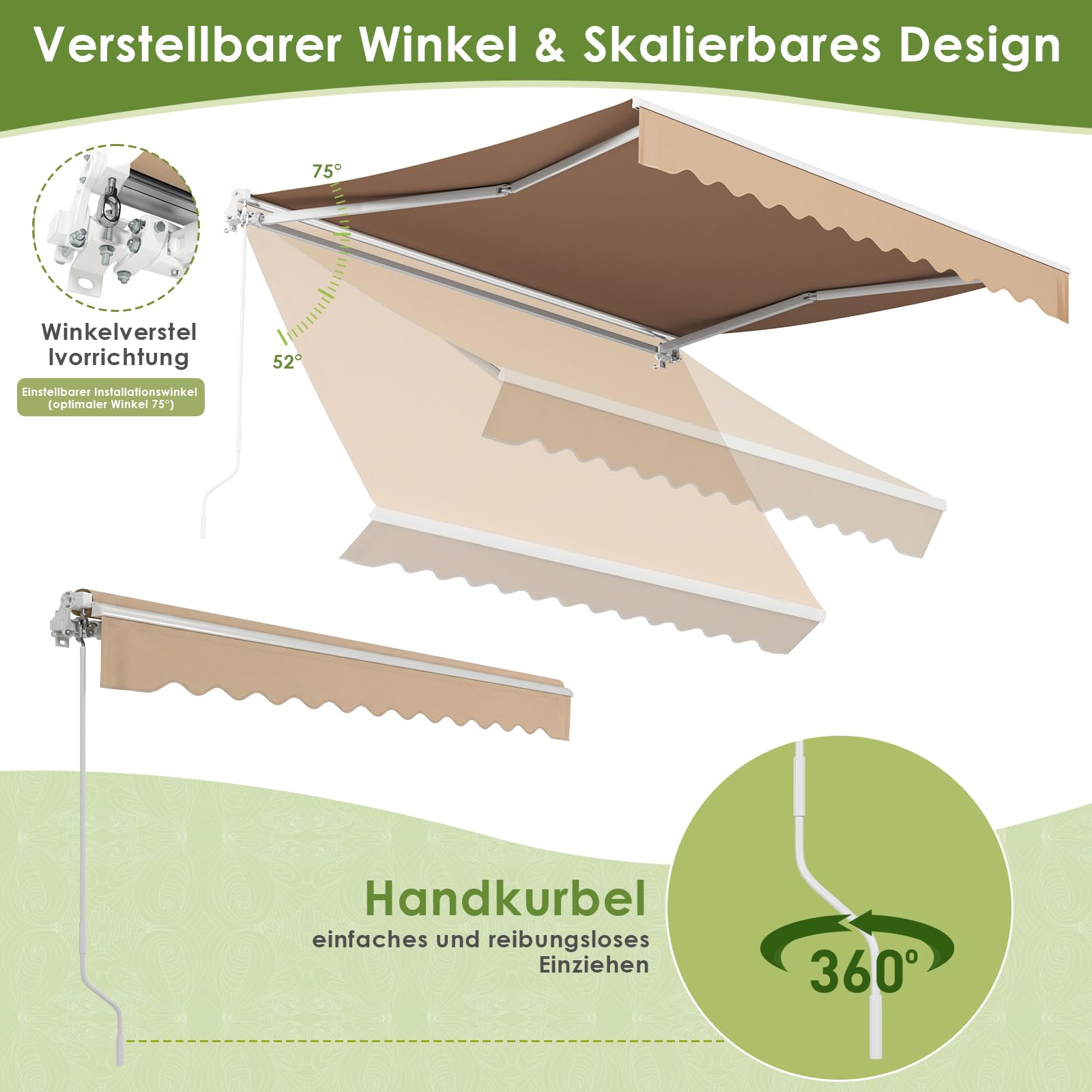 LIFERUN Tenda a bracci snodati 300x250 cm UPF 50+ impermeabile manovella supporto parete Regolazione angolare 52-75° Cachi
