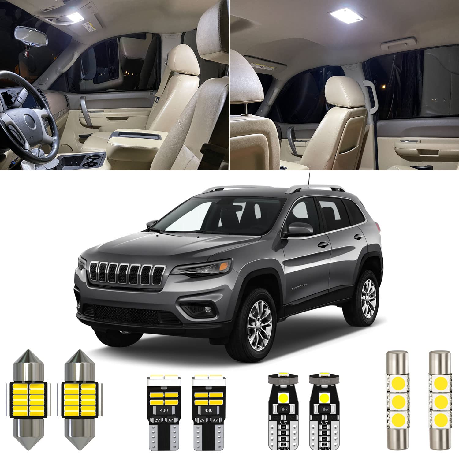 13 Piece 6000K White Cherokee Interior LED Light Kit Package Replacement for Jeep Cherokee KL 2014 2015 2016 2017 2018 2019 2020, with Placement Diagram and Install Tool