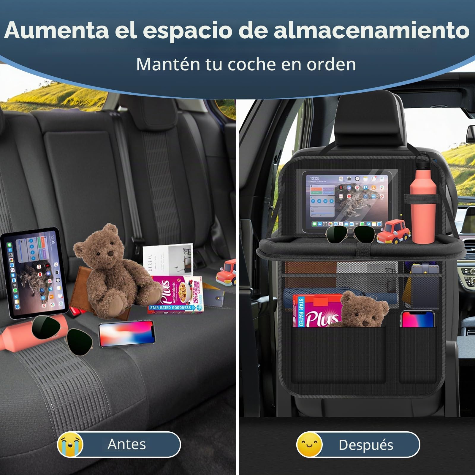 Organizador de asiento de coche, organizador de asiento de coche, protección para respaldo grande, para niños, multifuncional, resistente al agua, organizador de asiento trasero con mesa