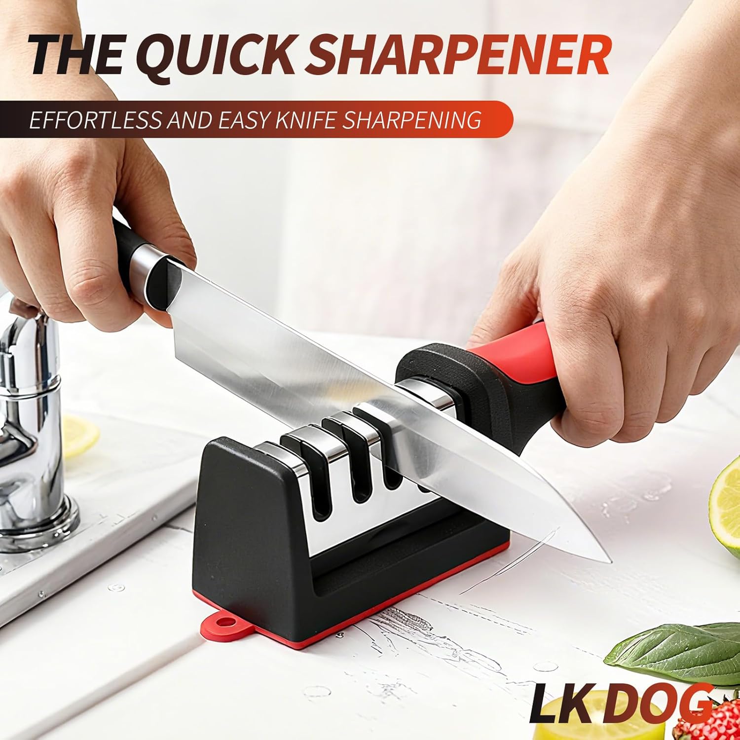 4-in-1 Kitchen Knife Sharpener, Professional Grade with Tungsten Steel and Ceramic Slots, Scissor Sharpening, Black/Red