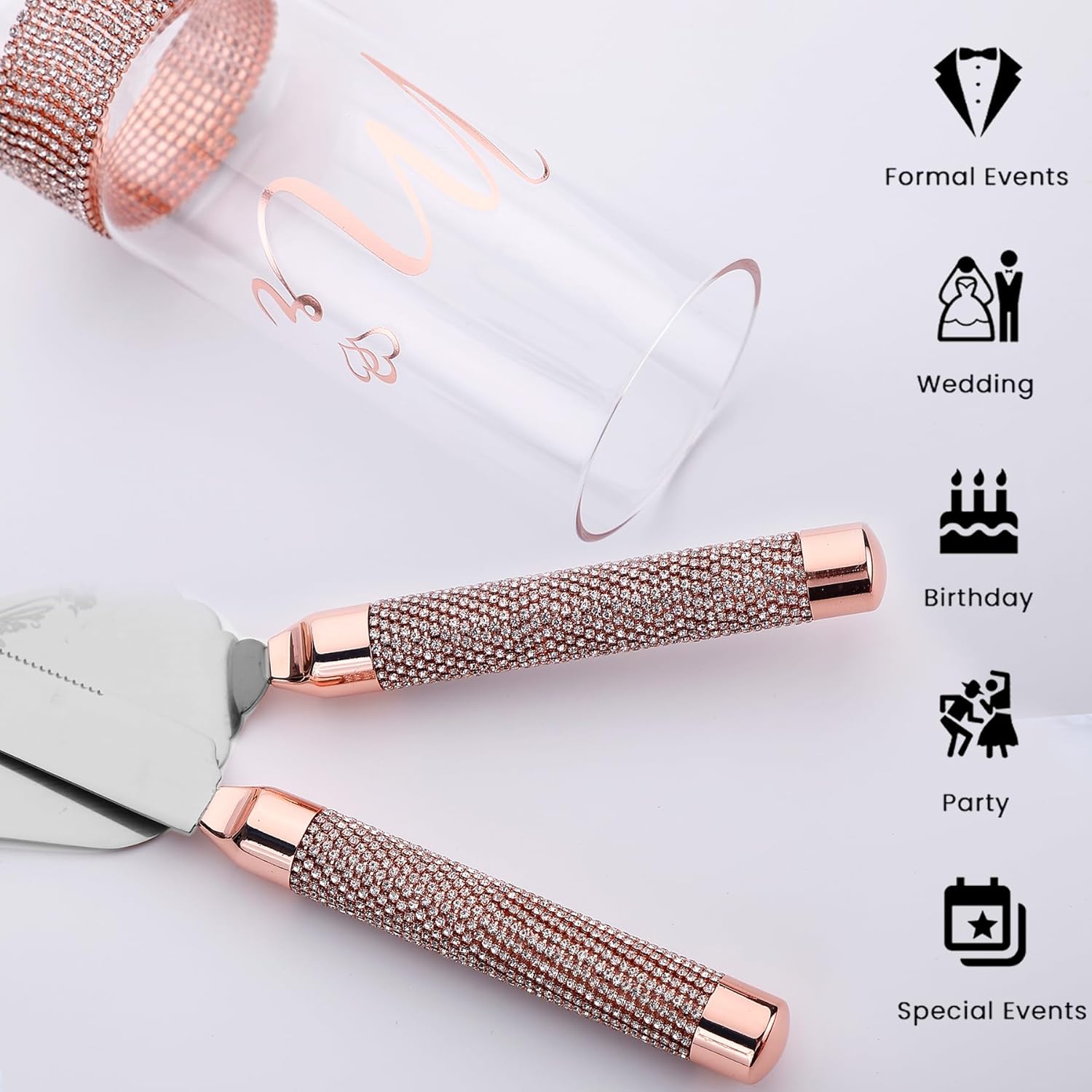 Wedding Cake Knife and Server Set, Mr and Mrs Champagne Flutes for Bride and Groom, Cake Cutting Set for Engagement Bride Shower Gifts