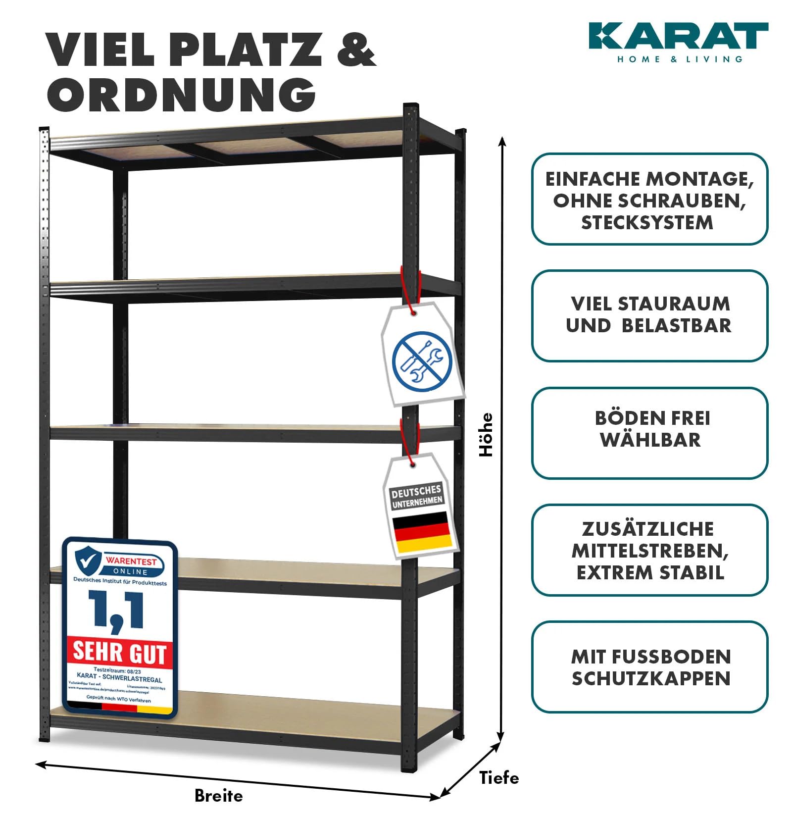 KARAT Regał do dużych obciążeń, zestaw 2 szt. – regał wtykowy, do piwnicy, regał magazynowy – 5 regulowanych półek (czarny, 50 x 100 x 200 cm)