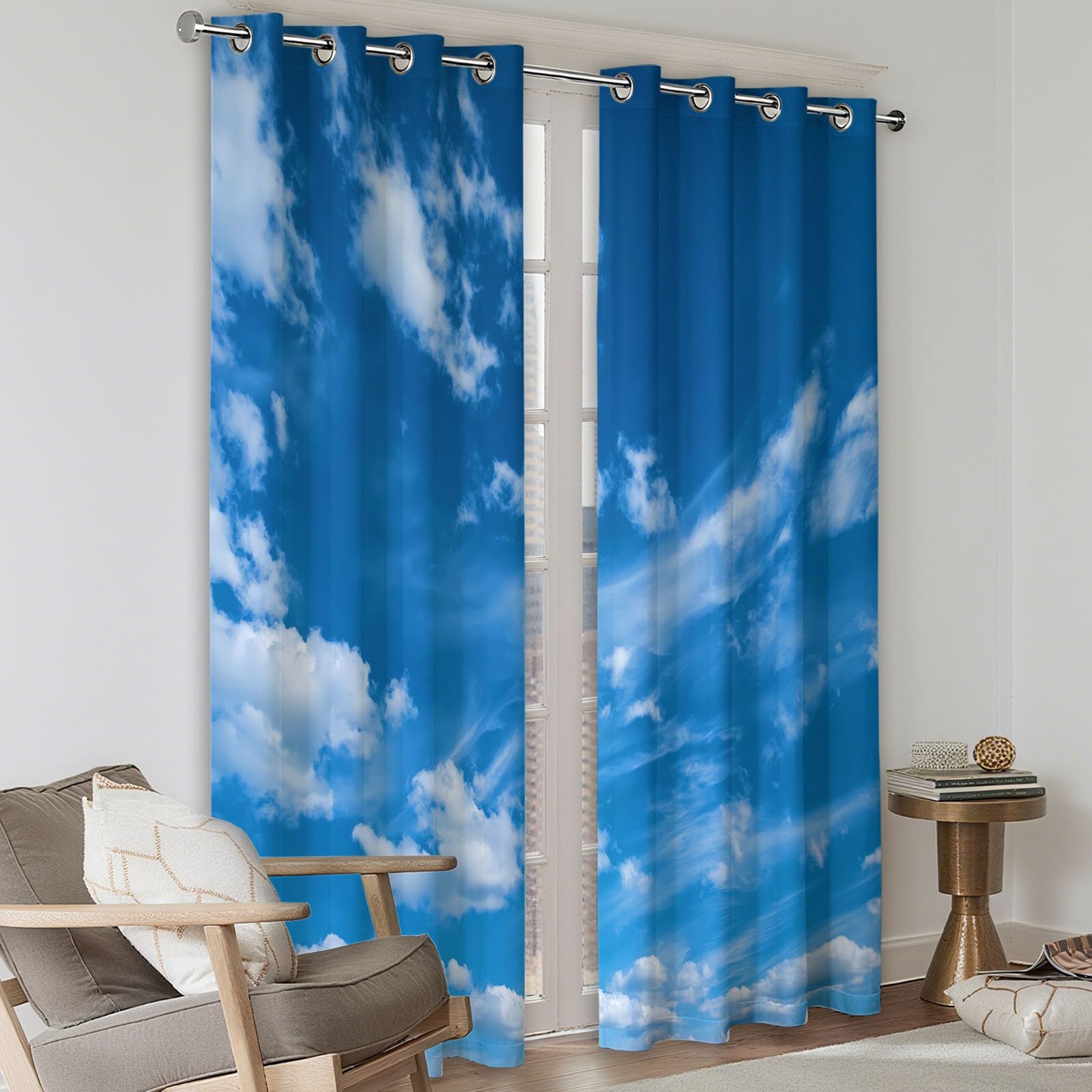 Rideau Occultant Bleu, Paysage Naturel Ciel Bleu Nuages Blancs Rideaux à Oeillets, Rideau Thermique Isolant Anti Froid et Chaleur pour Salon Chambre Fenetre Décoration 92L x 214H cm Lot de 2