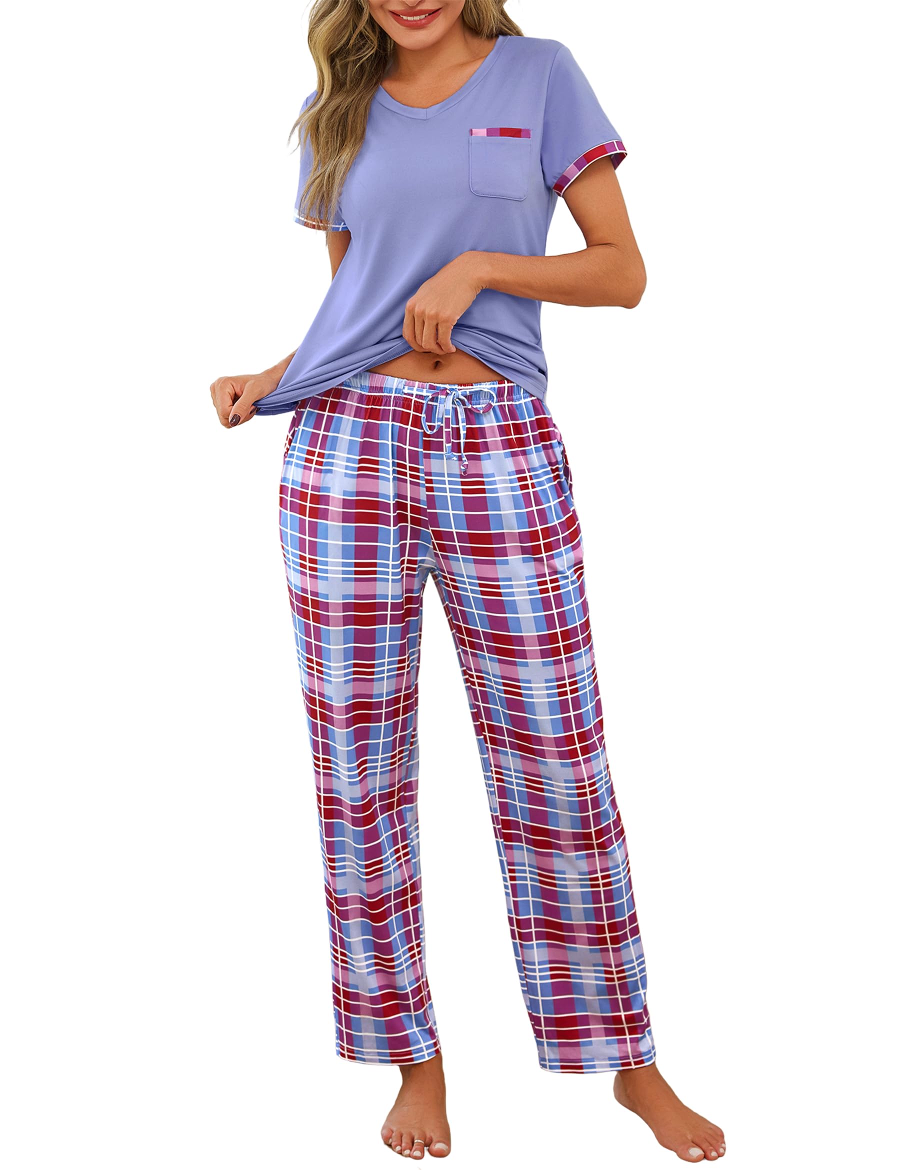 Jahetuul Schlafanzug Damen Kurzarm Karierte Schlafhose lang Pyjama Damen Sommer Schlafanzüge für Damen Nachtwäsche Frauen Pijamas