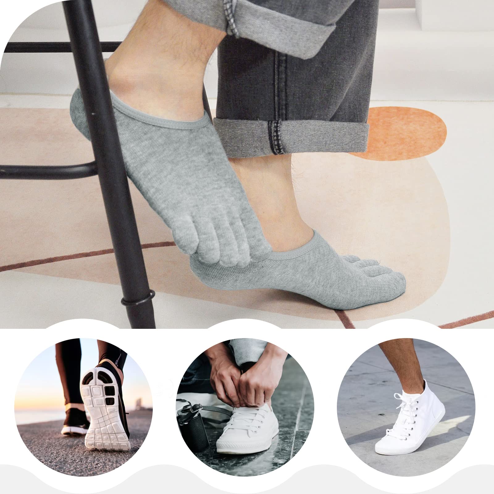 PUTUO Calcetines Invisibles de Dedos Hombre: Calcetines de Cinco Dedos Tobilleros de Algodón para Hombres Calcetines de Deporte de Corte Bajo con Silicona Antideslizante Talla 39-46, 4 Pares
