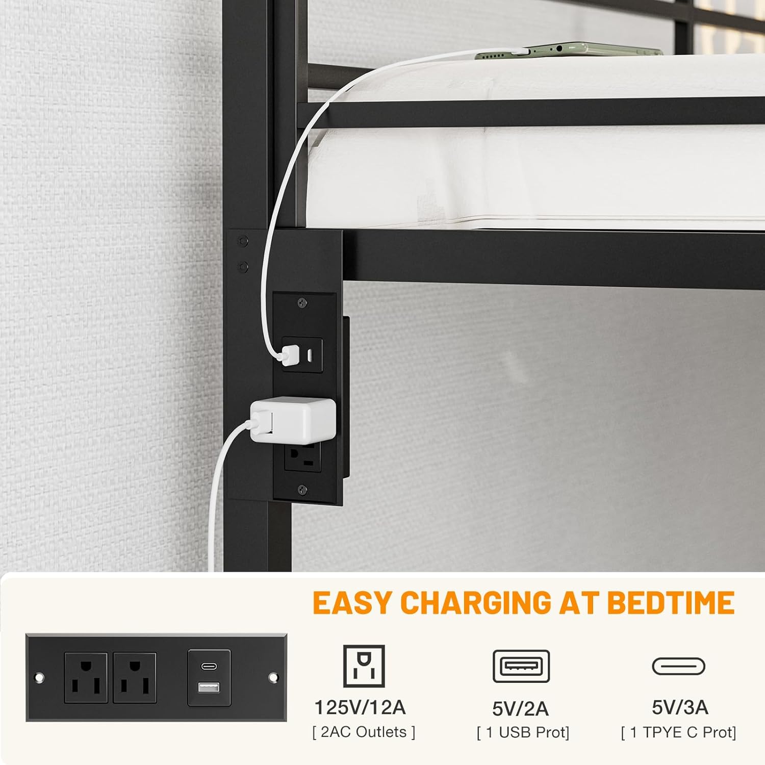 IKIFLY Twin XL Over Twin XL Bunk Bed with 2 Storage Drawers, Heavy Duty Metal Bunk Bed Frame with LED Lights & Charging Station, Safety Guardrail and 2 Ladders, No Box Spring Needed, Black