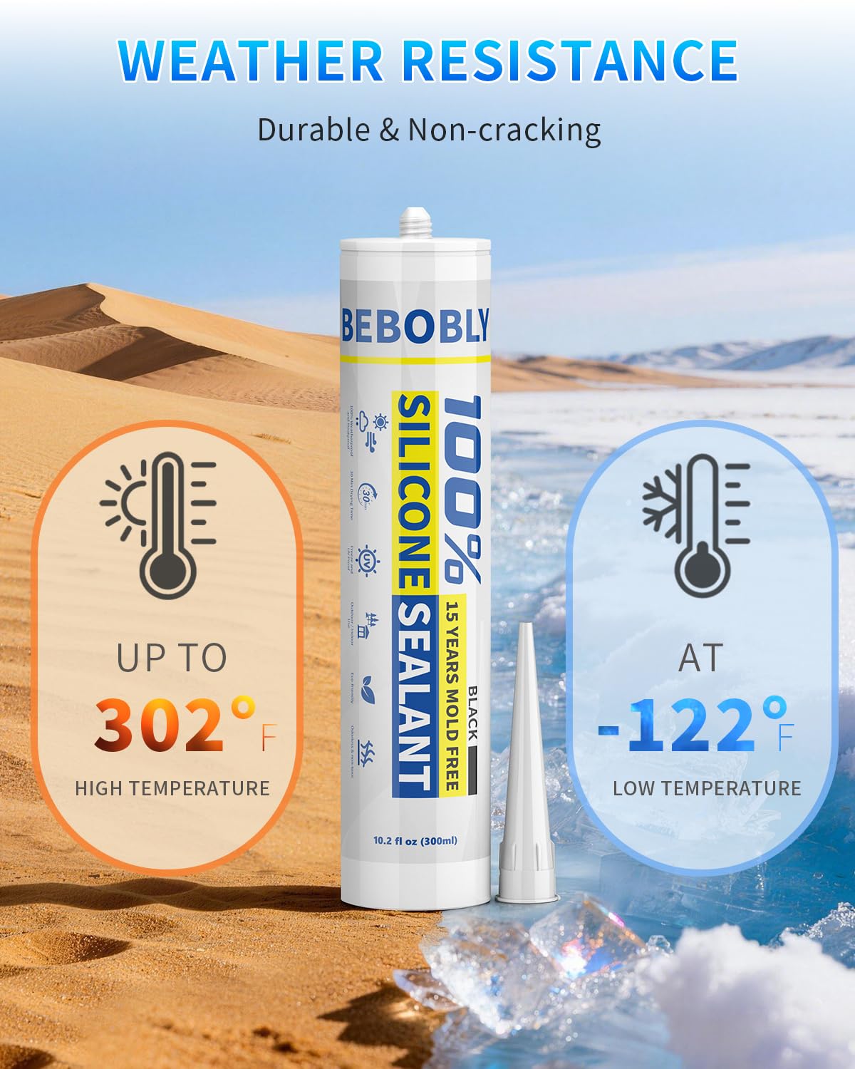 Black Silicone Caulk & Sealant, 100% Waterproof Silicone Caulking, Silicone Sealant Caulking for Kitchen, Bathroom, RV, Interior & Exterior Use, Shrink & Crack Proof, 10.2 FL. OZ/300ML, 12 Pack