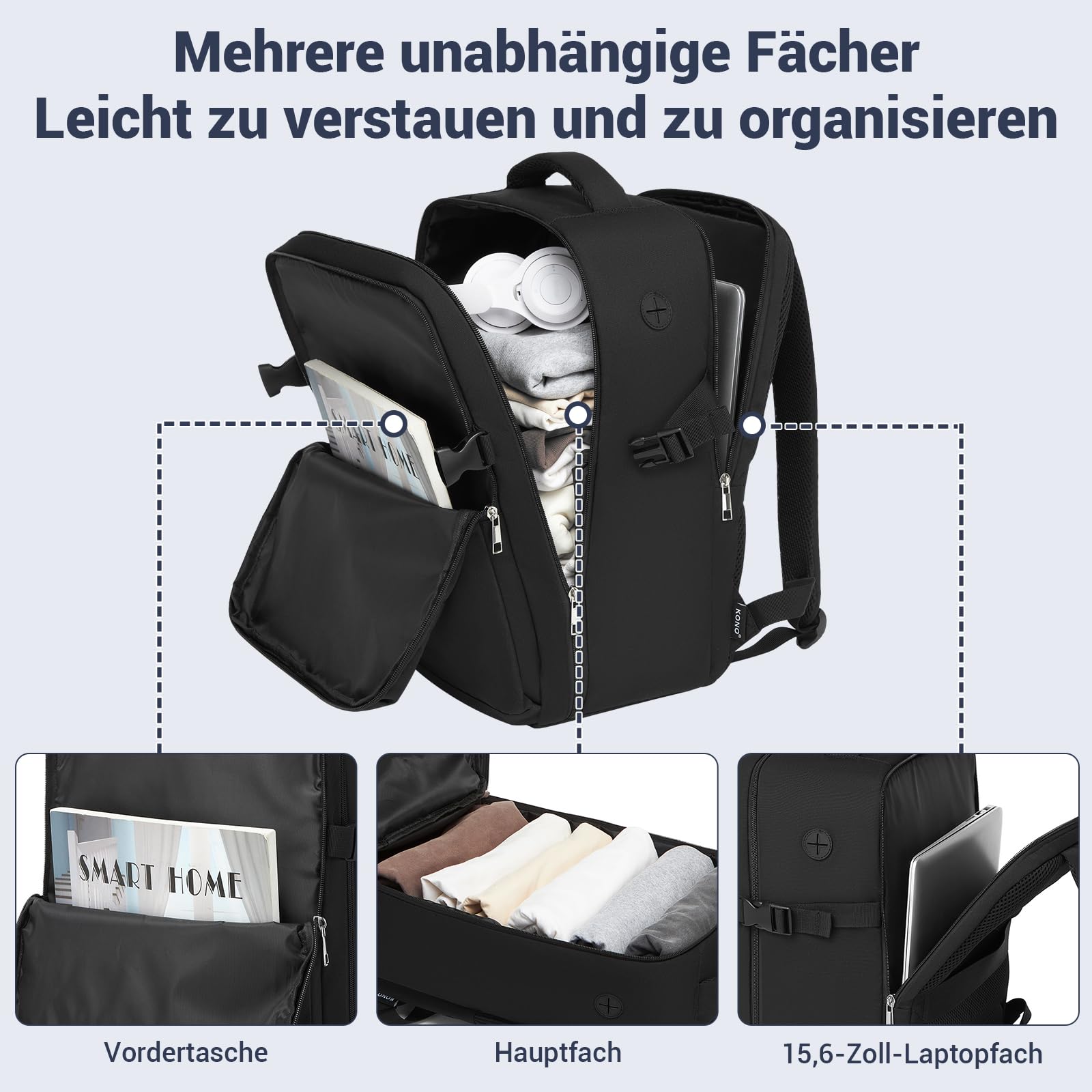 KONO Rucksack Ryanair Handgepäck 40x20x25 Handgepäck Flugzeug Reise 20L,15,6-Zoll Laptop Rucksack,Eurowings für Herren Damen,Schwarz - Image 3