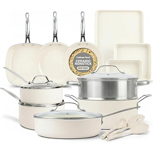 GOTHAM STEEL 20 Pc Ceramic Cookware Set Nonstick, Ceramic Pots and Pans Set Non Stick for Kitchen with Bakeware, Cooking Utensils & Steamer, Non Toxic PFOA PFOS Free, Oven & Dishwasher Safe