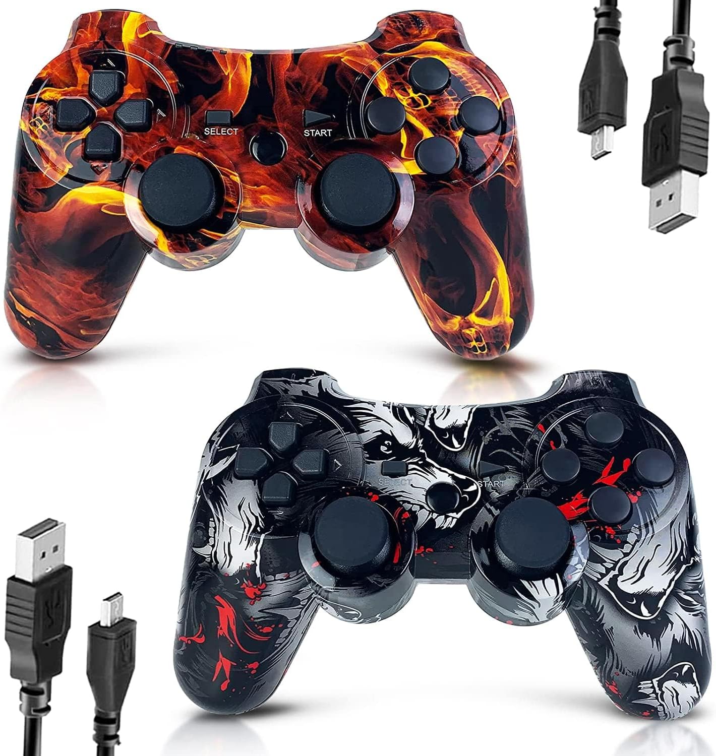 CHENGDAO Controller for PS3 Controller 2 Pack for PlayStation 3 High-Performance Wireless Controller with Double Vibration Motion Control, Flame&Wolf