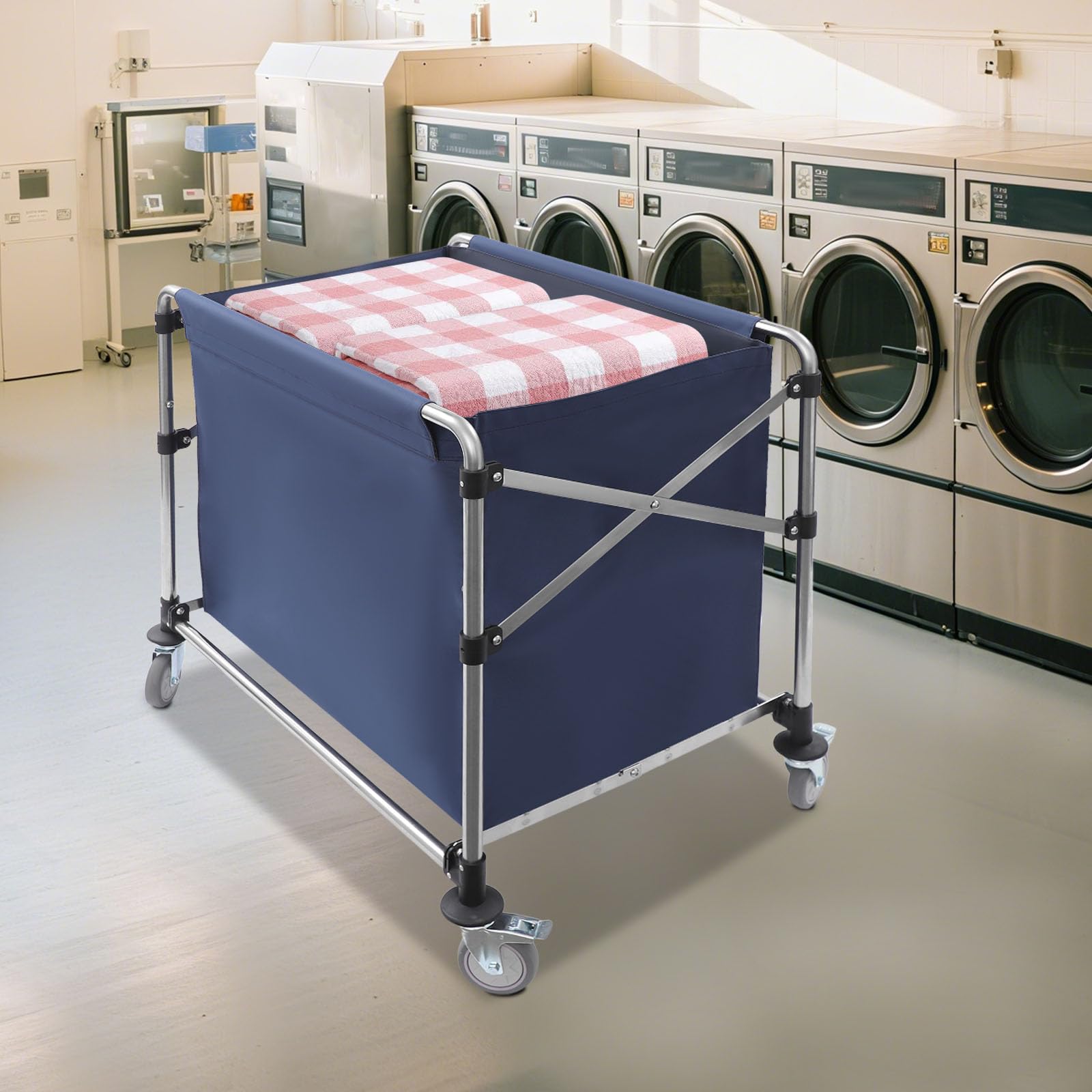 WooDerson Carrito de lavandería plegable, carrito de lavandería comercial con ruedas, cesta de la ropa de acero inoxidable con bolsa de tela Oxford extraíble, capacidad de carga de 100 kg, gran