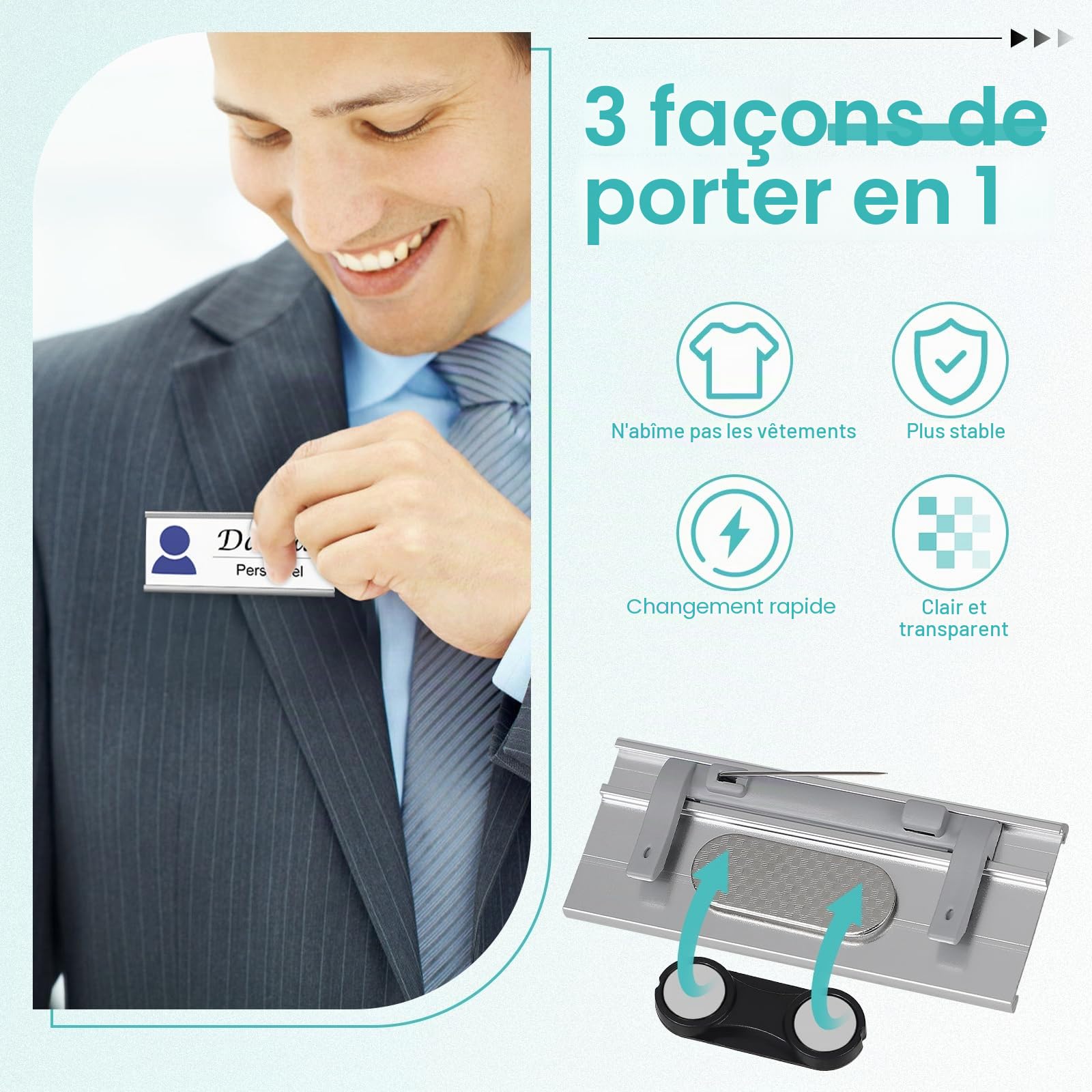 EFUTURETIME 50 x Badge Aimanté 72 × 31 mm avec Épingle et Clip Poche, Alu | Porte-Badges pour le Travail, les Expositions, le Restaurant, l'École