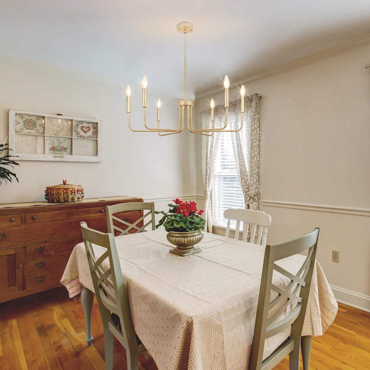 PUZHI HOME Gold Chandeliers for Dining Room Modern Farmhouse Chandelier 6 Lights Rustic Industrial Metal Candle Ceiling Pendant Lighting for Living Room Bedroom Kitchen Island Foyer Hallway