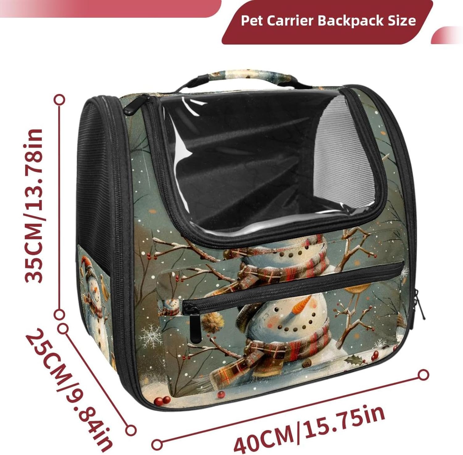 Portable Travel pet Backpack Carrier Hamster Bag Small Dog cat Carrier Breathable Hang Bag, Snowman and Bird for Christmas