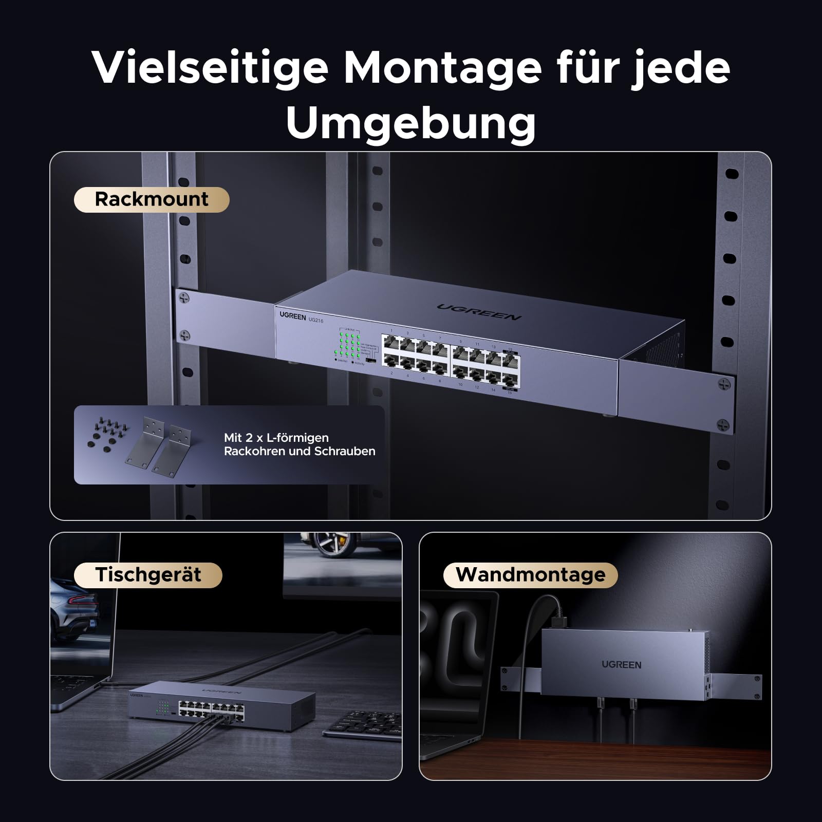 UGREEN 16 Port Gigabit LAN Switch, 19 Zoll Rack-Montage (16 Port) | Unmanaged, Netzwerk Switch, 32Gbp/s Switching-Kapazität, Metallgehäuse Ethernet Switch für TV/ Laptop/ Switch/ Router