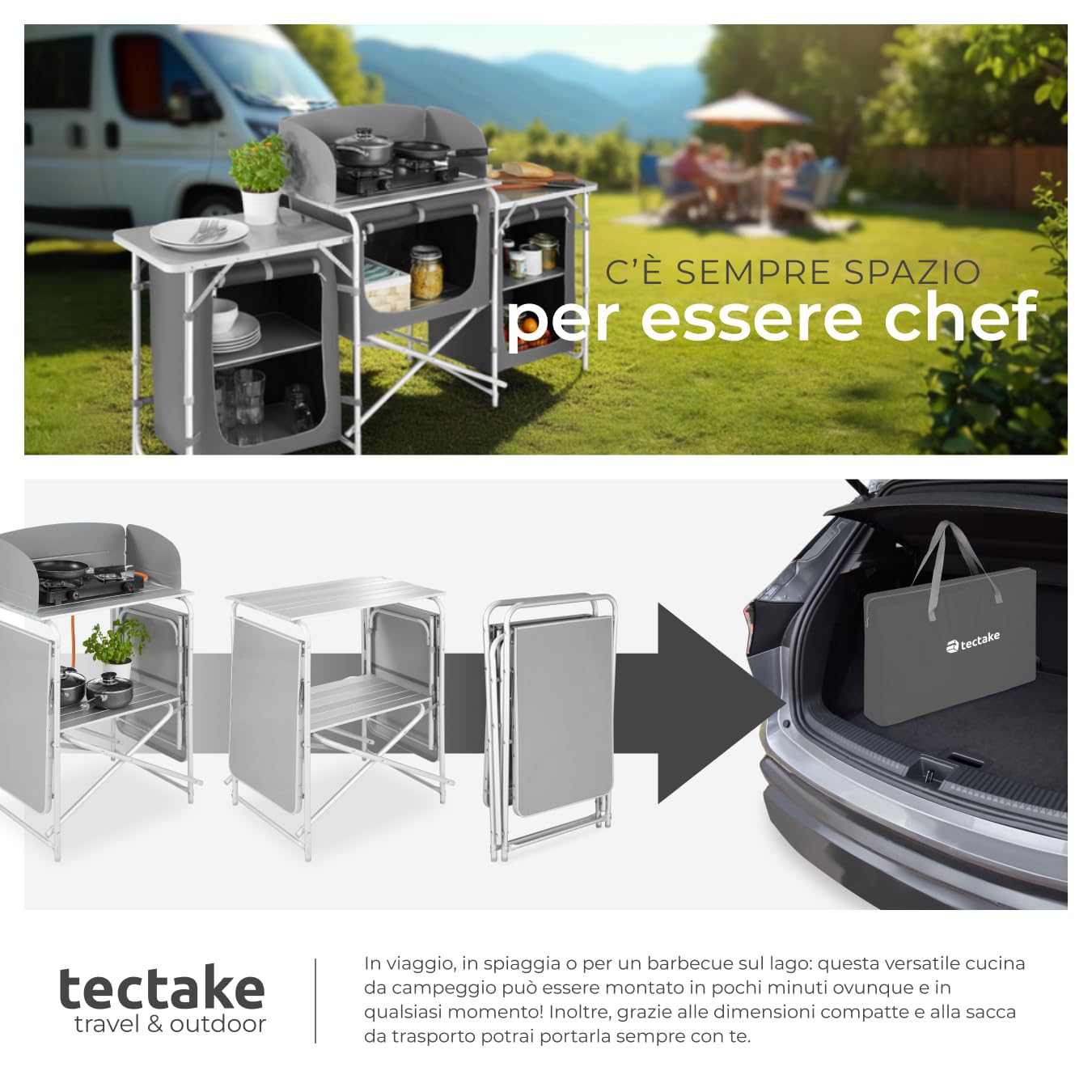 tectake® Cucina da Campeggio, Mobile da Campeggio con Piano di Lavoro e Ripiani, Cucina da Esterno Pieghevole, Idonea per Fornello a Gas, Borsa per Trasporto Inclusa