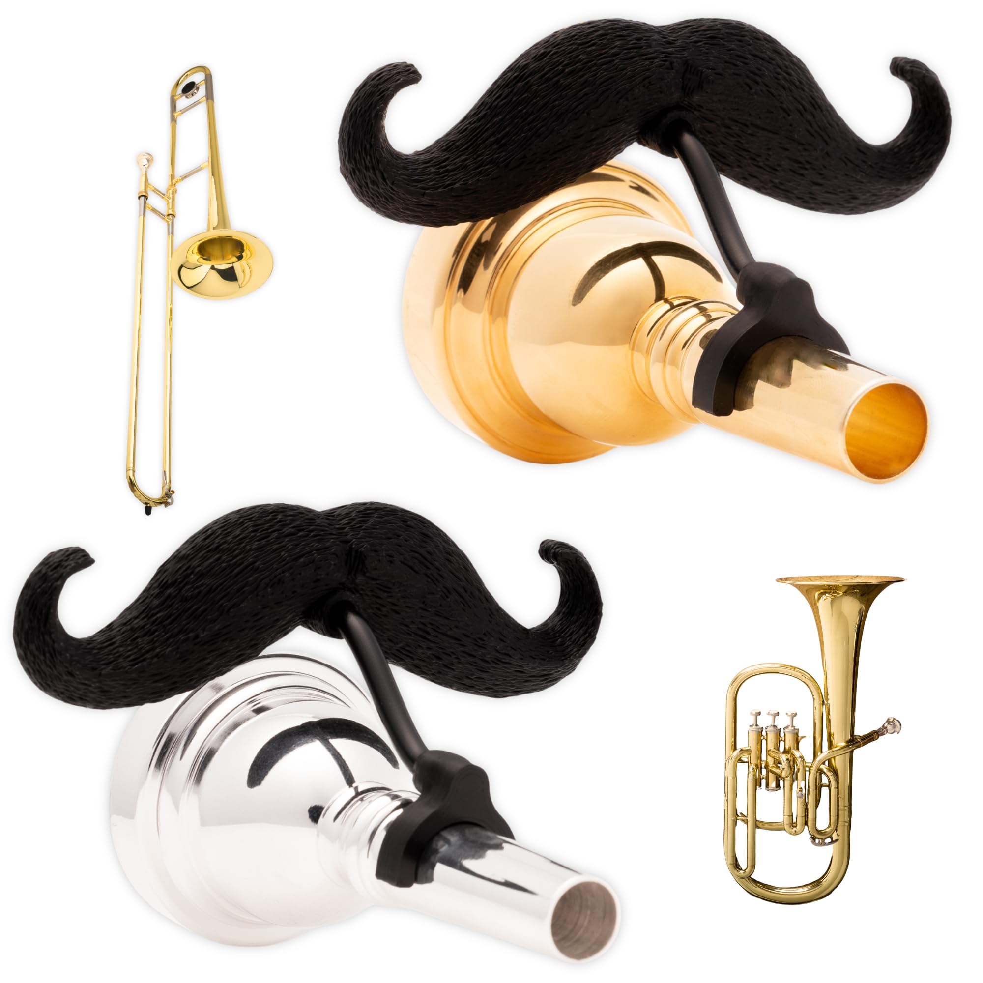 Brasstache Trombone-stache XL (2-pack) - Clip-on Mustache for Small and Large shank Trombone, Baritone, and Euphonium Mouthpieces