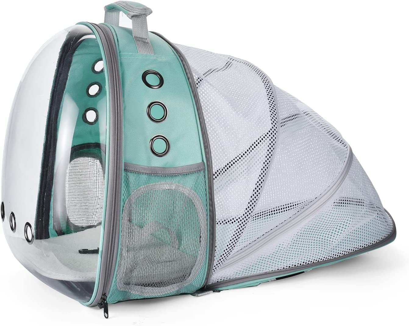 Zaino per Cani Gatti Estensibile, Zaino portatile per cani e gatti con finestra frontale trasparente e Retro espandibile, Zaino Capsula Spaziale ideale per Viaggo (Green, Behind Expand)