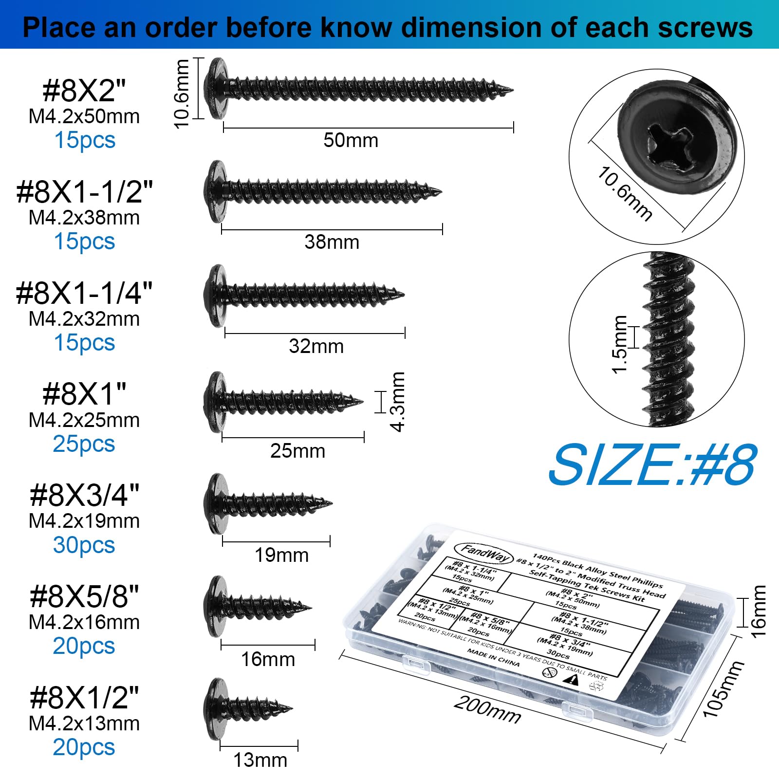 FandWay 140Pcs Wafer Head Self Tapping Screws,M4.2x13~50mm Wood Screws Black,Modified Truss Head Self Drilling Screw,Carbon Steel Sheet Metal Screw for Aluminum WoodWork Plastics - Image 3