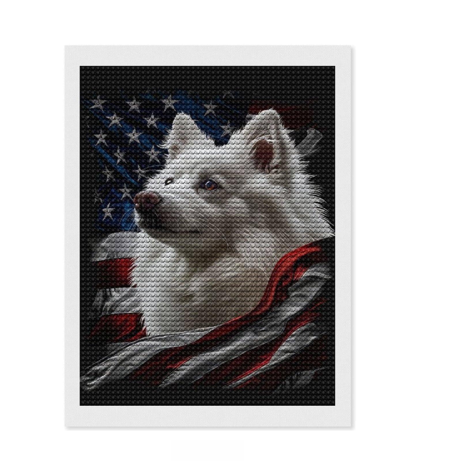 Junmoney American Eskimo America Diamond Painting Set 12"x16", for Craft Lovers, Complete Accessories, Birthday Gift, Bedroom Decor, with Tool Kit