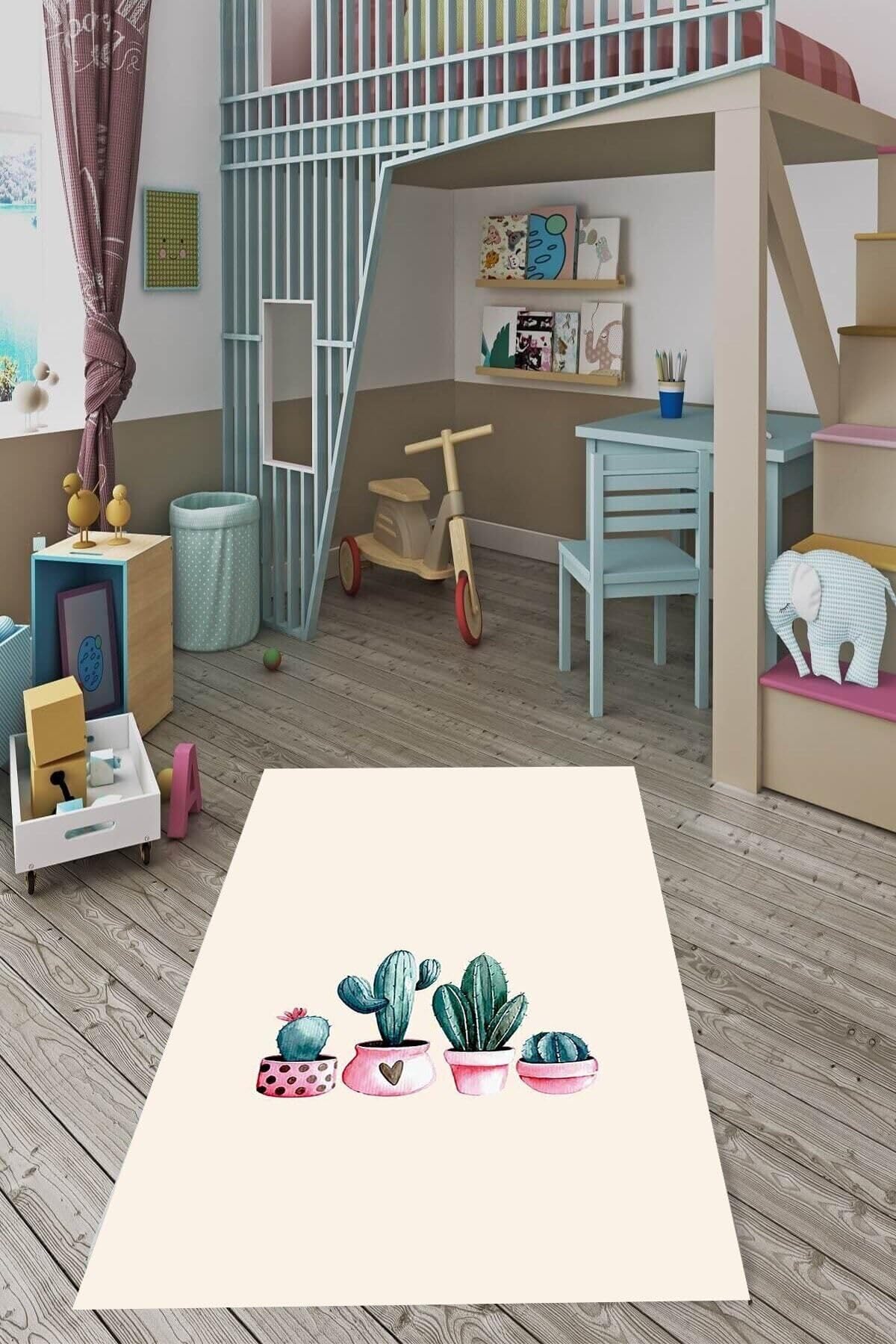 Pelangi Bej Kaktüs Saksı Desenli Halı, Bej 80 x 300