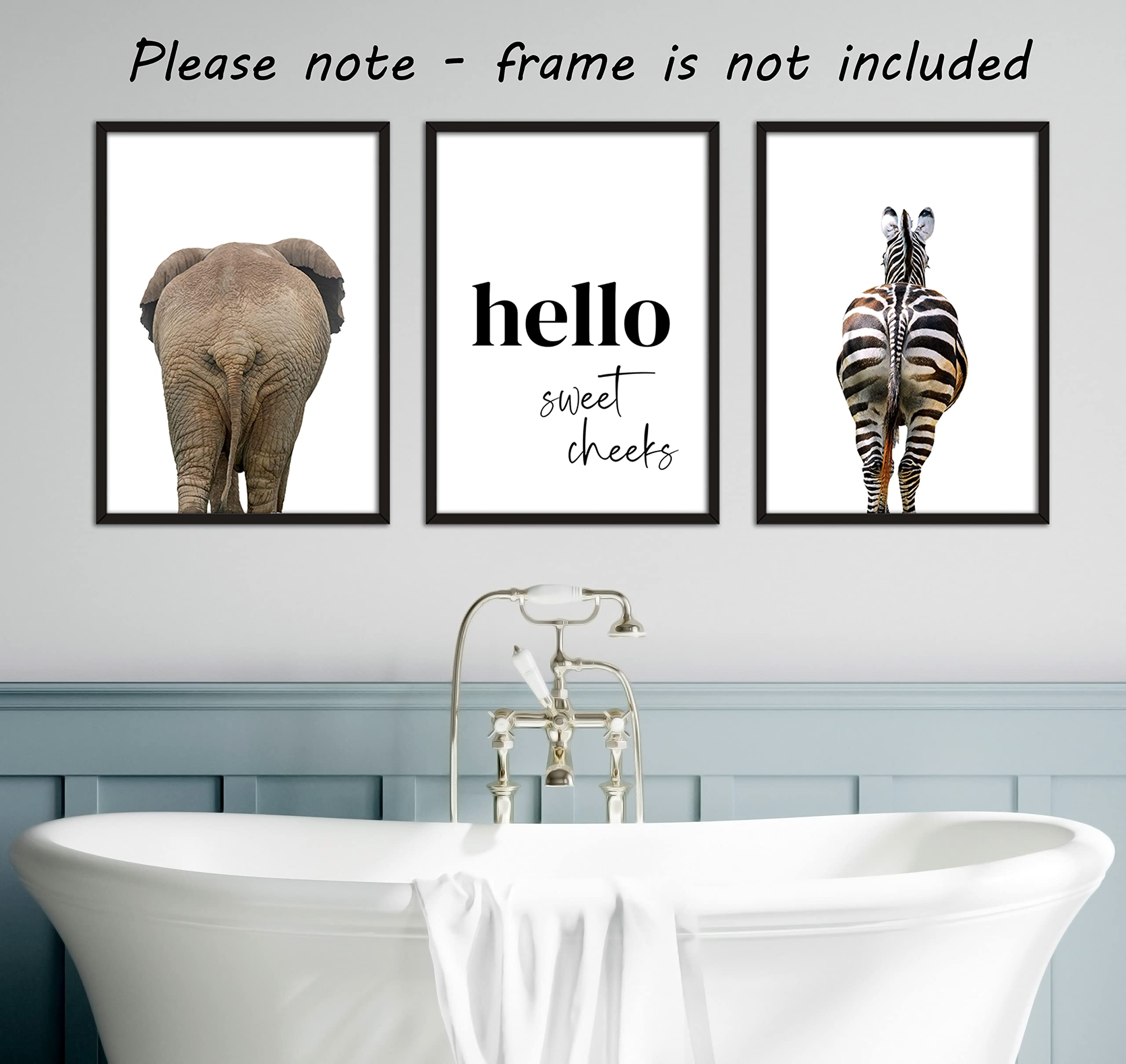 Eviepops Prints Elephant Zebra Bum Bathroom Wall Art Set of 3 Unframed Safari Animal Prints, Hello Sweet Cheeks Quote - Image 3