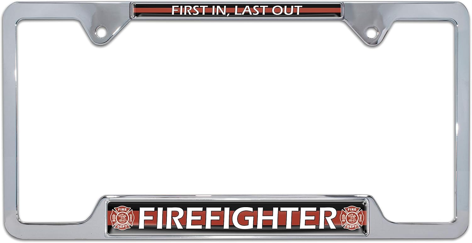 Elektroplate Firefighter First in, Last Out Chrome-Plated All-Metal Open Corner License Plate Frame Tag Holder for Cars/SUVs/Trucks Weather-Proof Automotive Accessory
