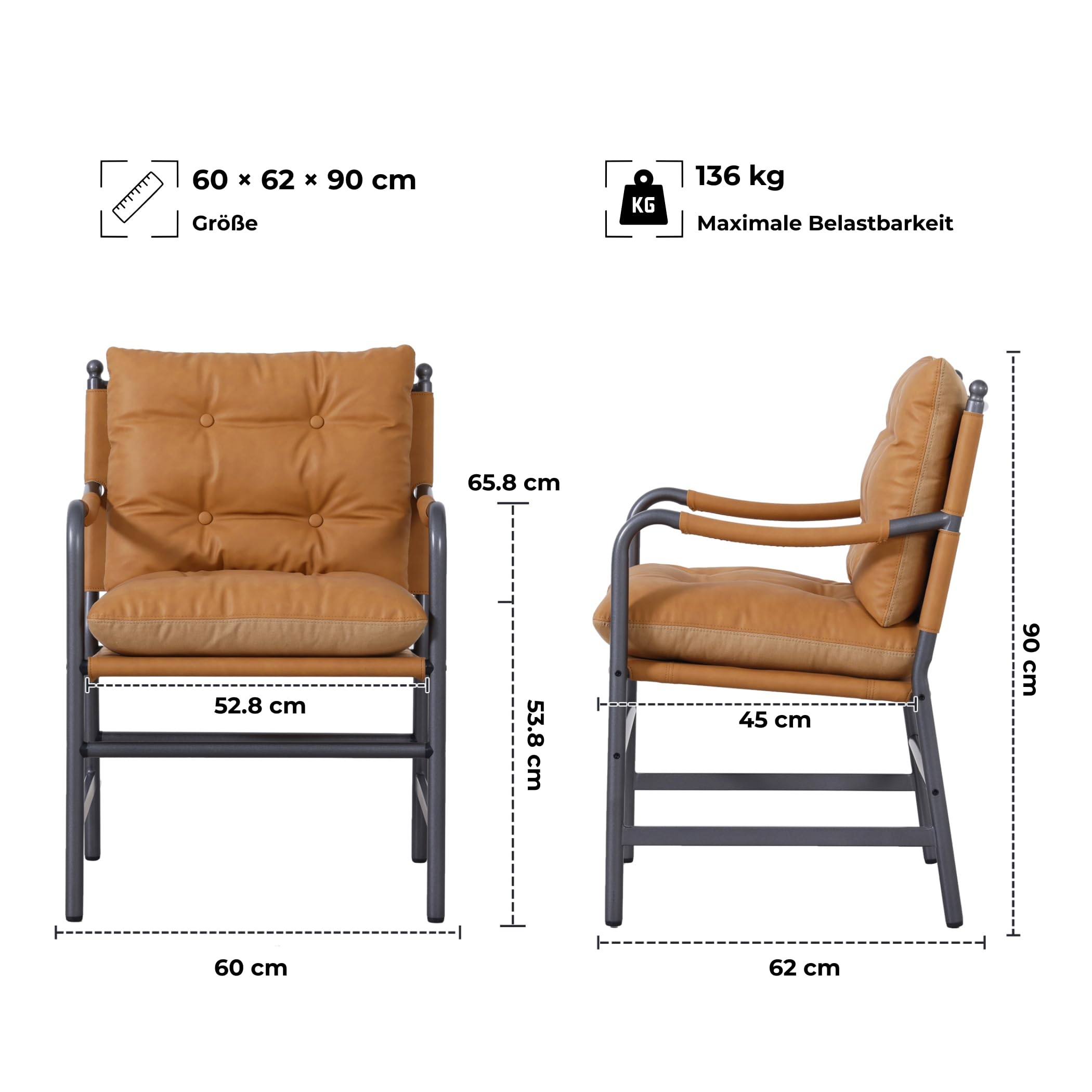 Fauteuil vintage en cuir, chaise lounge industrielle avec cadre en métal