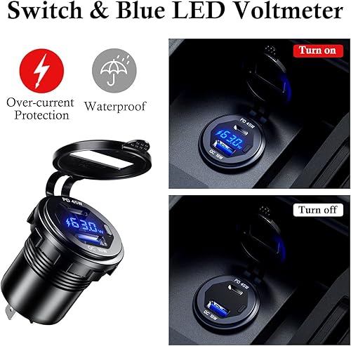 Miniatura 3 de BATIGE PD - Cargador rápido USB C de 45 W de 18 W, enchufe de cargador USB 3.0 impermeable con interruptor, voltímetro LED y fusible de cable, kit