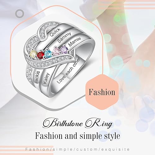 Miniatura 6 de Anillo personalizado con piedra natal de la madre, anillos grabados personalizados para mujeres con 1-6 piedras de nacimiento y nombres, regalo
