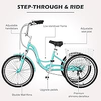 Vista 6 de H&ZT Triciclo para adultos, bicicleta de 3 ruedas, triciclo crucero, con engranaje de 7 velocidades, mango de freno de estacionamiento, escalón