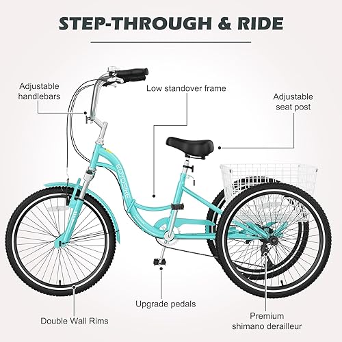 Miniatura 6 de H&ZT Triciclo para adultos, bicicleta de 3 ruedas, triciclo crucero, con engranaje de 7 velocidades, mango de freno de estacionamiento, escalón