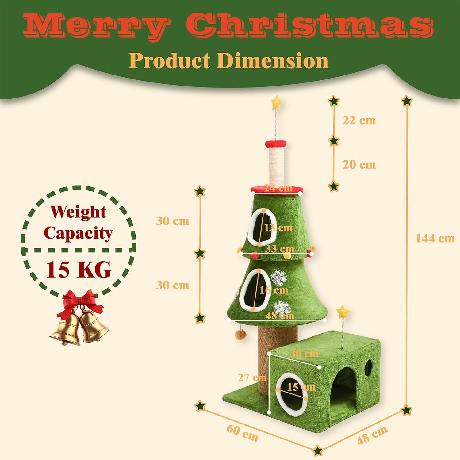 BYBYME 57" Tall Cat Tree,Christmas Tree Shape Cats Tower, Sturdy Cat Furniture Set with Cat House, Hanging Toys, Scratching Sisal-Covered Posts, Multi-Level Kitten Activity Trees（23.6 * 18.8 * 57in）