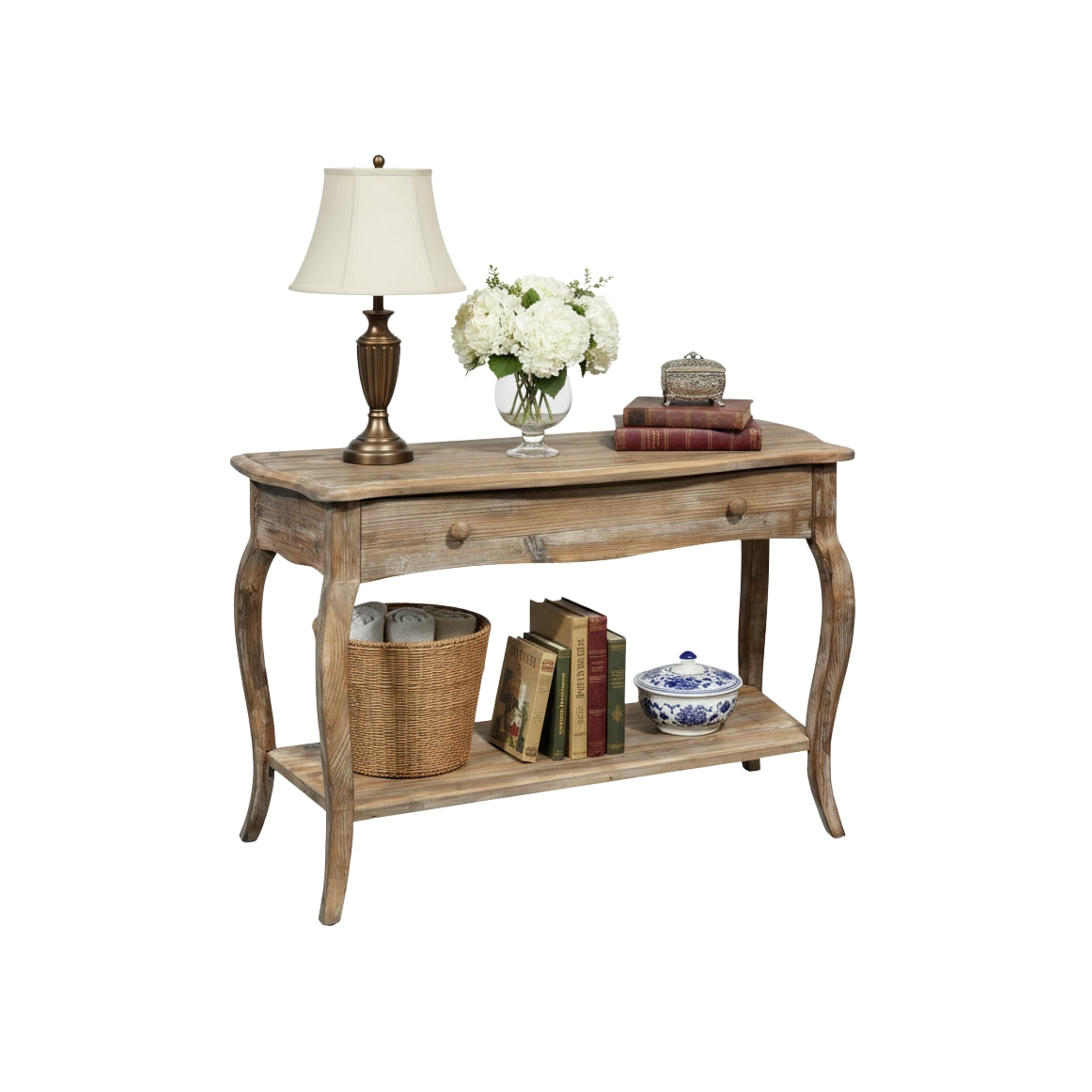 Austerity Rustic Console Table, 42 Inch with Curved Legs, Scalloped Edges, and Lower Shelf in Driftwood Finish - Natural and White Textured Antique