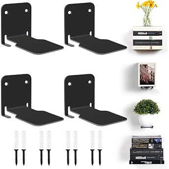 Winter Shore Invisible Black Bookcase Wall [Pack of 4] - Robust Wall Shelf Metal Made of Iron for Wall Mounting for Office Bedroom & Living Room - Decorative Bookcase Floating with Mounting Materials